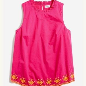 J. Crew Hot Pink Sleeveless Ruffle-Neck Tank with Orange Floral Trim 3X